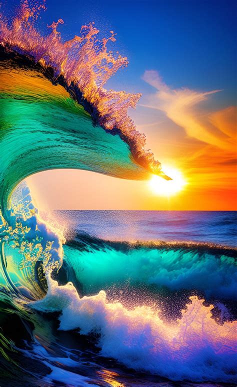 Beautiful Colorful Ocean Waves Sunset Art . Blue Sky Clouds Water ...