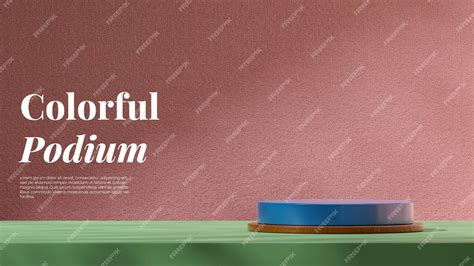 Premium PSD | 3d render blank mockup blue and wood texture podium in landscape pink fabric wall ...