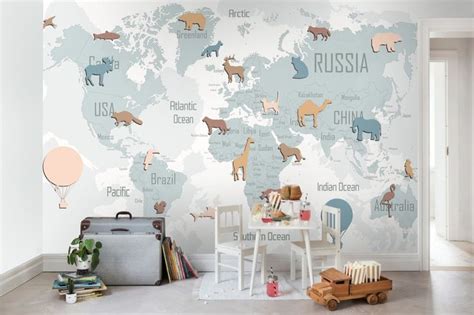 Kids Blue Political World Map with Colorful Animal Silhouette Wallpaper Mural | Kids wallpaper ...