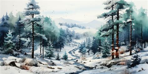 A Watercolor Painting of a Snowy Mountain Scene. Stock Image - Image of forest, adventure: 293470921