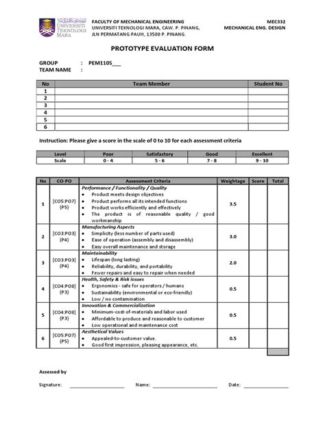 Prototype Evaluation Form.pdf | Reliability Engineering | Technology & Engineering