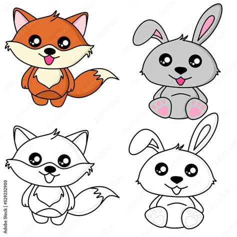 rabbit and fox vector drawing for coloring book Stock Vector | Adobe Stock