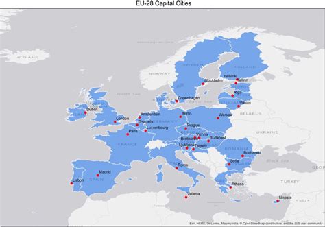 Map showing EU 28 with their respective capital cities. | Download ...