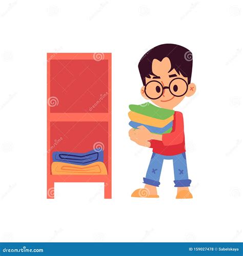 Cartoon Boy Putting Folded Clothes in Shelf - Isolated Flat Vector Illustration. Stock Vector ...