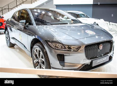 Poznan, Poland, Mar 2019 electric Jaguar I-PACE SUV with high voltage ...