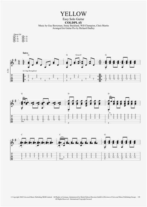 Yellow by Coldplay - Easy Solo Guitar Guitar Pro Tab | mySongBook.com