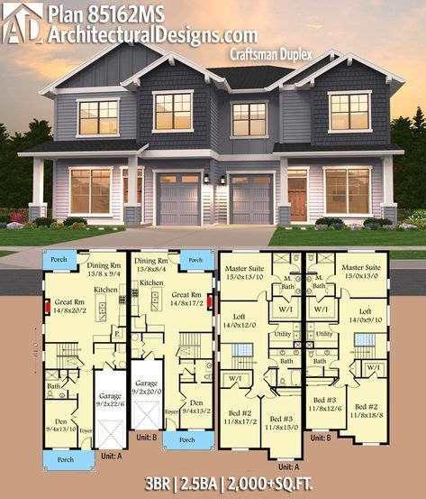 Plan 85162MS: Craftsman Duplex | Architectural design house plans ...