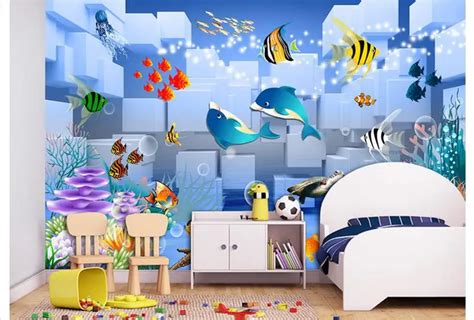 Customized 3d wallpaper 3d kids wallpaper murals 3 d cartoon children room underwater world room ...