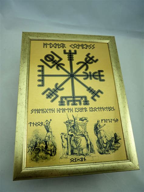 Viking RUNE Framed WALL ART Print on Gold Metal Vegvisir Compass, Odin, Thor and Freyja, Can Be ...