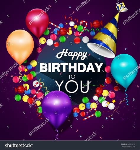 Colorful Balloons Happy Birthday On Purple Stock Illustration 340914176 ...