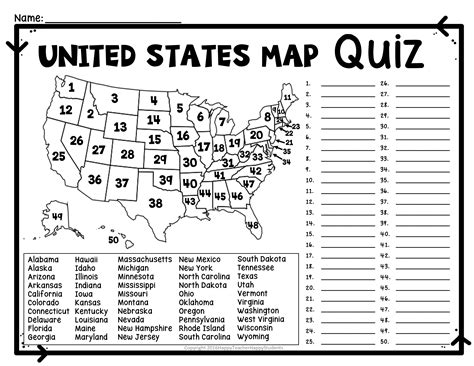 United States Map Quiz & Worksheet, USA Map Test w/ Practice Sheet, US ...