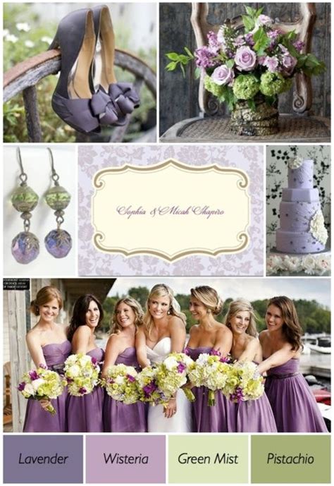 the color scheme is purple and green, with different bridesmaid's dresses