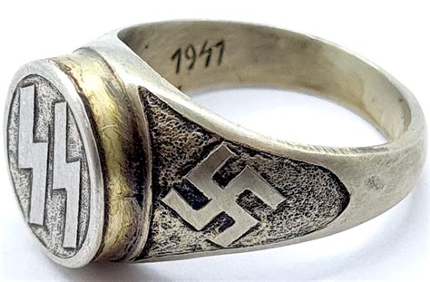 Waffen SS silver ring with ss runes, oakleaf (officers) and swastika, marked and dated 1941