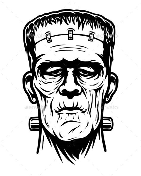 Monochrome Illustration of Frankenstein Head | Monochrome illustration ...