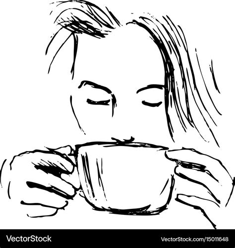 Hand-drawn sketch woman drinking coffee Royalty Free Vector