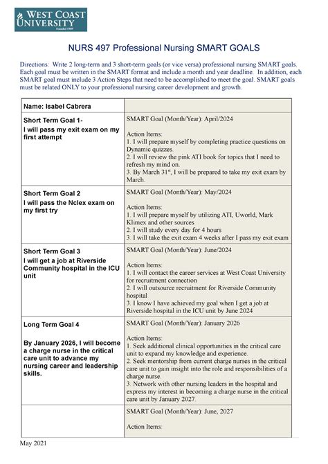 Smart Goals - template - NURS 497 - NURS 497 Professional Nursing SMART GOALS Directions: Write ...