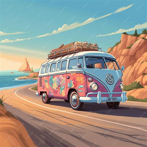 Premium Photo | A cartoon drawing of a van with flowers on the roof.