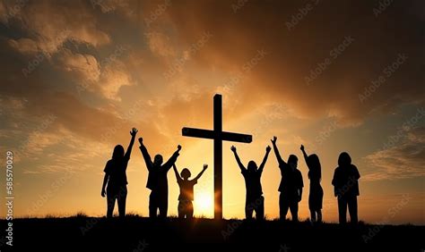 Christian people group raise hands up worship God Jesus Christ together, generative AI ...