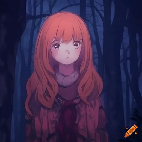 Anime girl exploring snowy forest at night