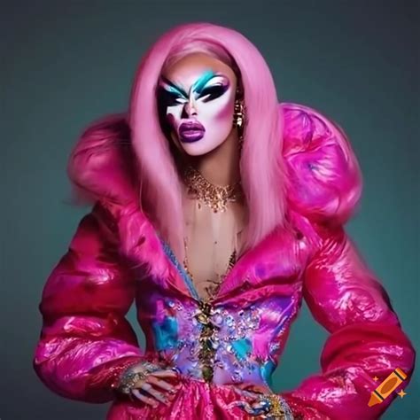 Drag queen in vibrant puff jacket-themed outfit on runway on Craiyon