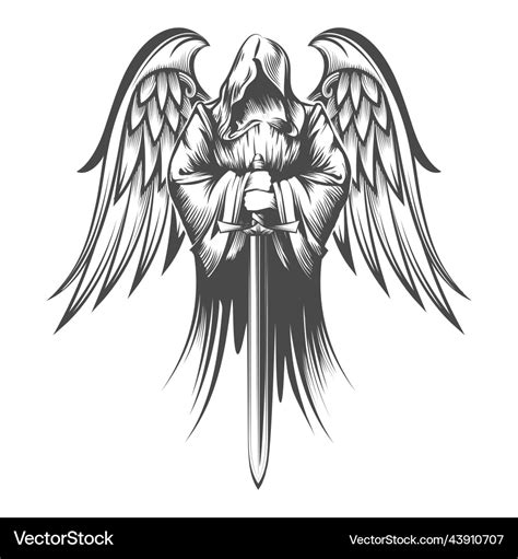 Angel with wings holds sword engraving tattoo Vector Image