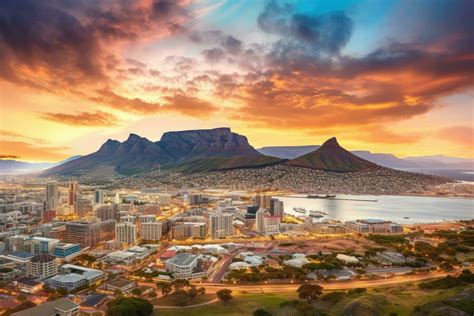 Sunset over Table Mountain and downtown Cape Town, South Africa. Aerial ...