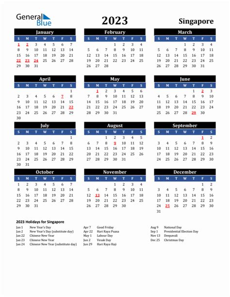 2023 Singapore Calendar with Holidays