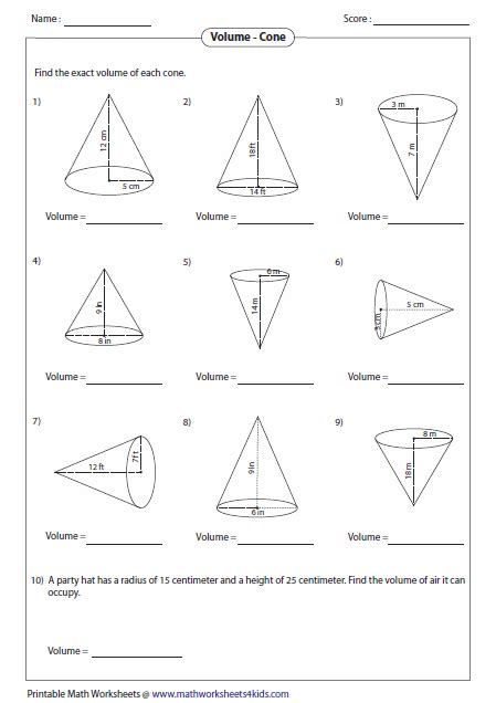 Volume Cone Worksheets