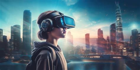 Premium AI Image | Generation Alpha wearing VR headset against blurry city background