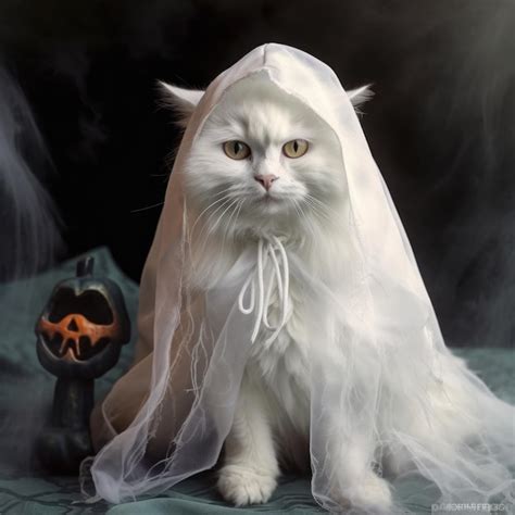 Premium AI Image | Funny Pet White Cat Dressed Up as Ghost for ...