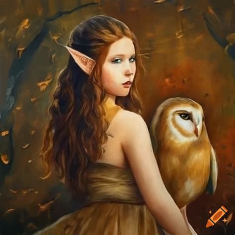 Auburn haired celtic maiden with a snowy white barn owl by a misty lake on Craiyon
