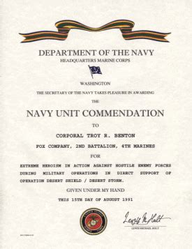 Navy Unit Commendation Ribbon certificate