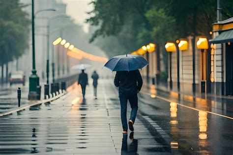 Premium Photo | A man walking with an umbrella in the rain.