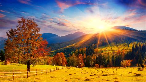 Picture Sun Autumn Nature Sky Hill Fields landscape 2560x1440