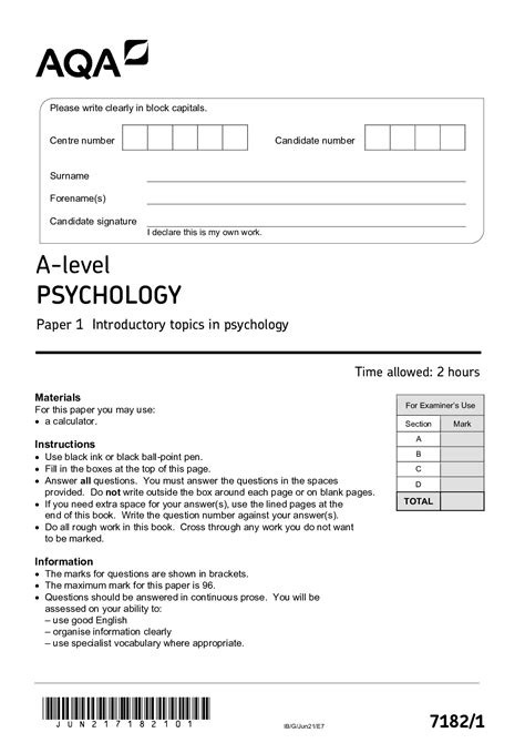 AQA A-level PSYCHOLOGY 7182/1 Paper 1 Introductory topics in psychology Question Paper and Mark ...