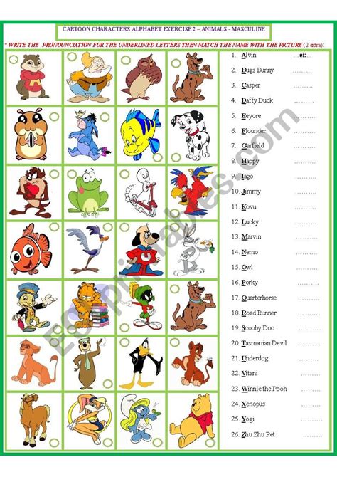 Cartoon Characters Matching Exercise -male 3 - ESL worksheet by INNAina