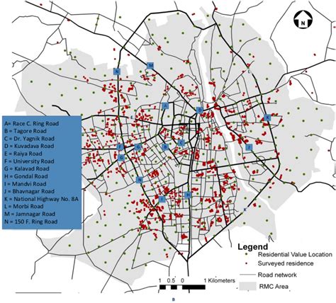 Rajkot City and survey locations and observed land value. | Download ...