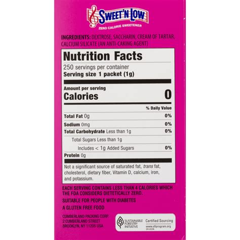 Sweet N Low Nutritional Information - Nutrition Pics