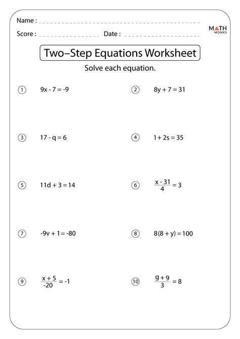 Math Algebra 1 2 Step Equations Worksheets