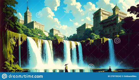 Magical Waterfall Jungle Forest Illustration, River Stream on Landscape ...