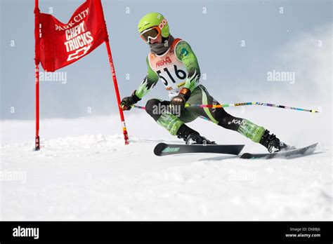 An alpine skier at a gate while racing on the giant slalom course Stock Photo - Alamy