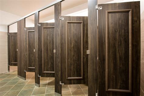 Ironwood Manufacturing laminate toilet partition with molding bathroom doors. Beautiful, upscale ...