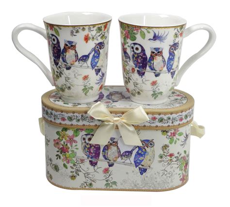 Elegantoss Royal Bone China Unique Set Of Two Coffee / Tea Mugs in an Family of Owls Design ...