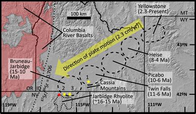 Map of the Yellowstone hotspot track, showing the major volcanic... | Download Scientific Diagram