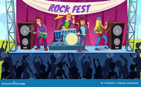 Band Performing on Rock Festival Cartoon Vector Stock Vector - Illustration of female, outdoors ...