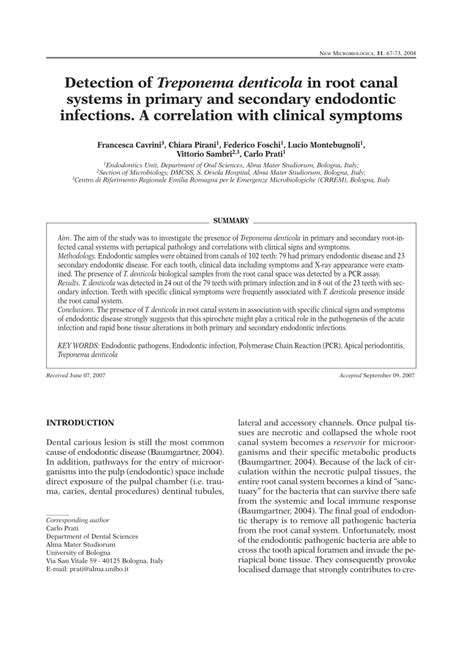 (PDF) Detection of Treponema denticola in root canal systems in primary and secondary endodontic ...