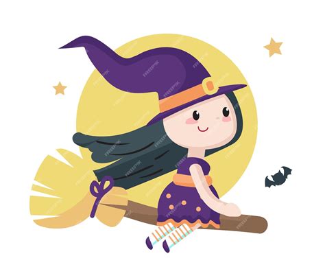 Premium Vector | Cute cartoon halloween witch character flying on broom