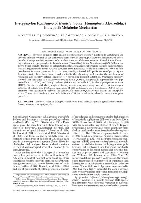 (PDF) Pyriproxyfen Resistance of Bemisia tabaci (Homoptera: Aleyrodidae ...