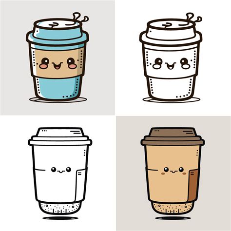 Coffee Cup Logo, Cute Coffee Cup Cartoon line art colorful Vector ...