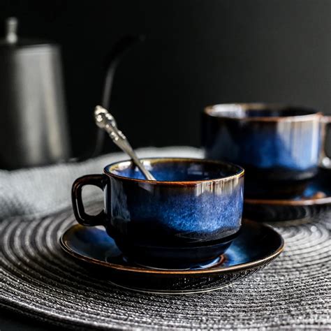 KINGLANG deep blue Ceramic Coffee Cup Saucer Set, breakfast cup ...